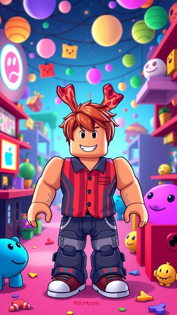 Roblox character with Bacon Hair in a colorful game setting.